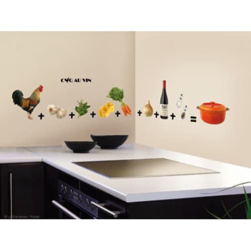 Une déco colorée grâce à nos stickers Coq au Vin ! mis en ambiance, 1ère proposition Frise murale sticker coq au vin