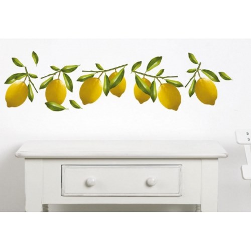 Set déco de stickers citrons pour cuisine. Console en bois décorée avec une frise de sticker autocollants citrons jaunes