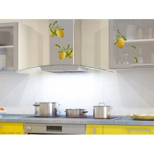Stickers adhésif citrons jaune en trompe-l'oeil dans une cuisine jaune moderne.