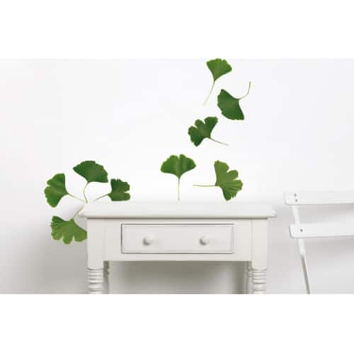 Créez une écrin de verdure avec le sticker Petites Feuilles de Ginkgo ! mis en ambiance, 1ère proposition stickers muraux feuilles de Ginkgo mis en ambiance sur un mur blanc