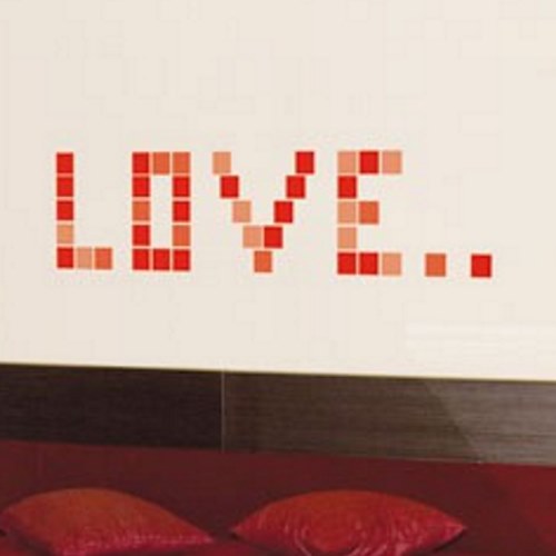 Déco citation LOVe avec set de 4à pixels rouge adhésifs. Décoration murale citation pixels rouge avec des stickers pixels.