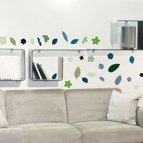 Créez une écrin de verdure avec le sticker Floraison Fleurs et Feuilles en camaïeu de bleu ! mis en ambiance, 2ème proposition Sticker autocollant Floraison Fleurs et Feuilles en camaïeu de bleu