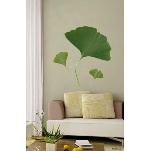 Offrez une touche d'air frais avec nos stickers Feuilles de Ginkgo Biloba ! mis en ambiance, 2ème proposition Autocollant mural fleurs de Ginkgo Biloba sur mur clair