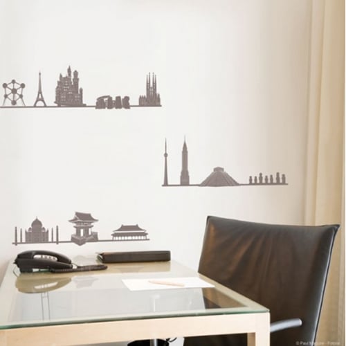 Décoration murale pour bureau avec 30 adhésifs de monuments du monde. Bureau décorer avec une frise d'adhésifs déco représentant des monuments du monde.