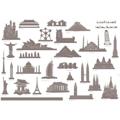 Planche de stickers déco aventure et voyage avec 30 stickers monuments du monde. Planche d'adhésif déco voyage et aventure avec 30 stickers de monuments du monde.