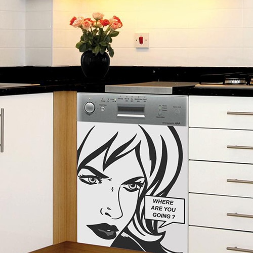 Nos stickers pour lave vaisselle Bande dessinée mis en ambiance, 1ère proposition Stickers bande dessinée pour lave-vaisselle adhésifs