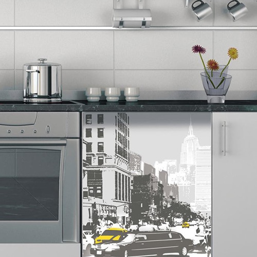 Sticker pour lave vaisselle New York mis en ambiance, 1ère proposition Sticker autocollant lave-vaisselle new york noir et blanc