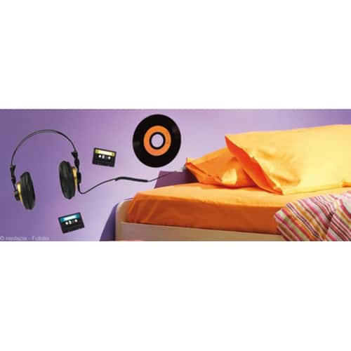 Un espace authentique avec le sticker Casque, Vinyle et Cassette 80' style vintage ! mis en ambiance, 1ère proposition Stickers muraux Casques audio et vinyle