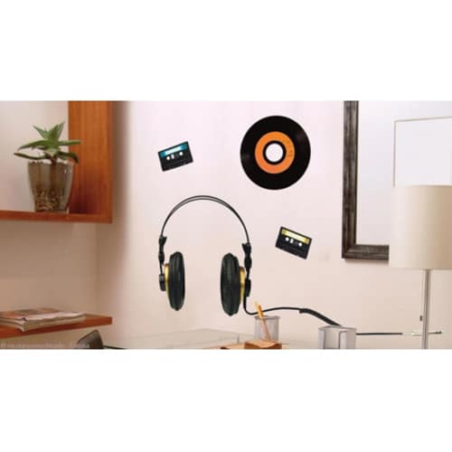 Un espace authentique avec le sticker Casque, Vinyle et Cassette 80' style vintage ! mis en ambiance, 2ème proposition Stickers adhésifs casque audio et vinyle