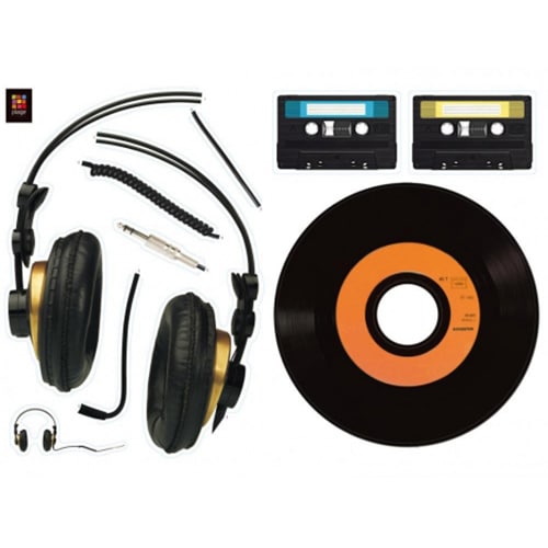 Un espace authentique avec le sticker Casque, Vinyle et Cassette 80' style vintage ! mis en ambiance, 4ème proposition Stickers Muraux Casque audio vinyle et cassettes