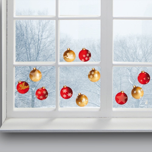Sticker Boules de Noël Rouge et Or sur une vitre