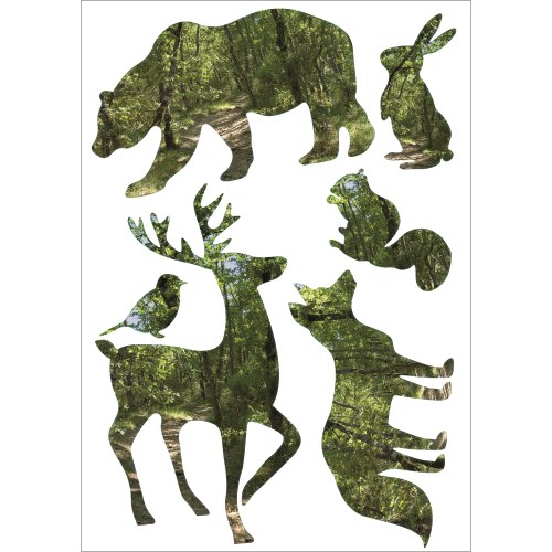 kit déco électrostatiques animaux de la foret : cerf renard, écureuils, oiseaux, ours, lapin