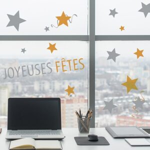 Déco électrostatiques pour vitres et fenêtres Joyeuse Fêtes mis en ambiance dans un bureau