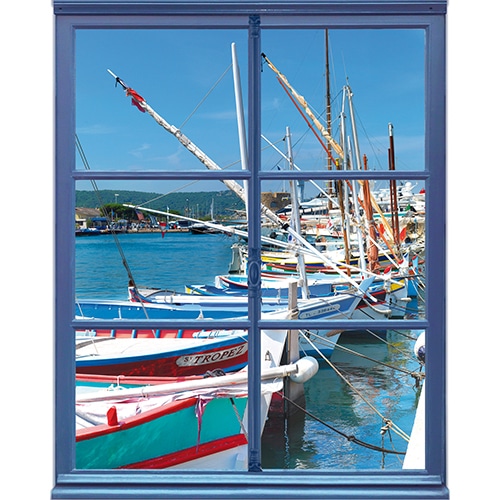 sticker fausse fenêtre adhésive avec vue sur un port de pêche en trompe-l'oeil parfait pour une déco marine réussie.