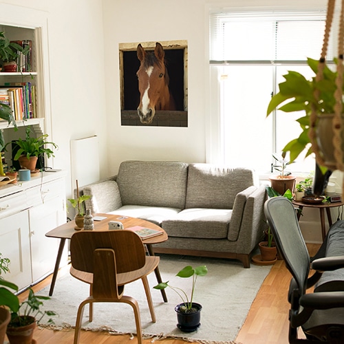 studio moderne avec un décor adhésif pour porte hisbiscus multicolore comme un papier peint