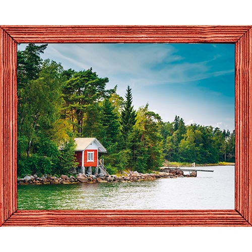 Sticker Fausse fenêtre adhésive en trompe l'oeil Laurentides avec cadre comme une fenêtre de cabane en bois.rouge à coller au mur