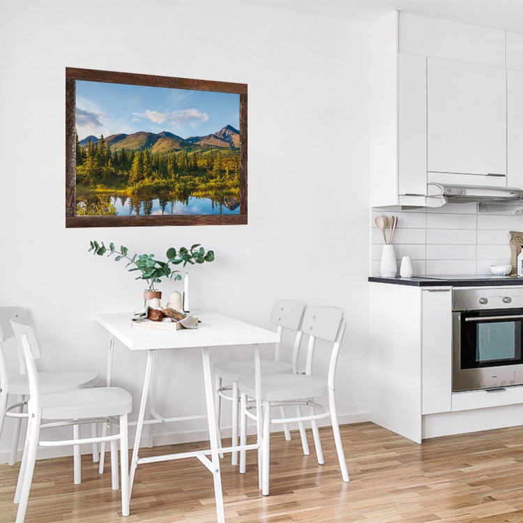 Fausse fenêtre adhésive en trope-l'oeil avec vue sur Chicoutimi un paysage du Canada Adhésif fenêtre en trompe l'oeil paysage du Canada pour une déco de salle à manger.