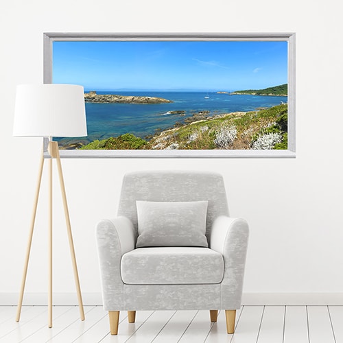 Poster géant en intissé, panoramique, facile à poser, ambiance estivale originale, bord de mer, couple à la plage, ciel bleu azur et couleurs poudrées méditerranéennes, peinture minimaliste moderne.