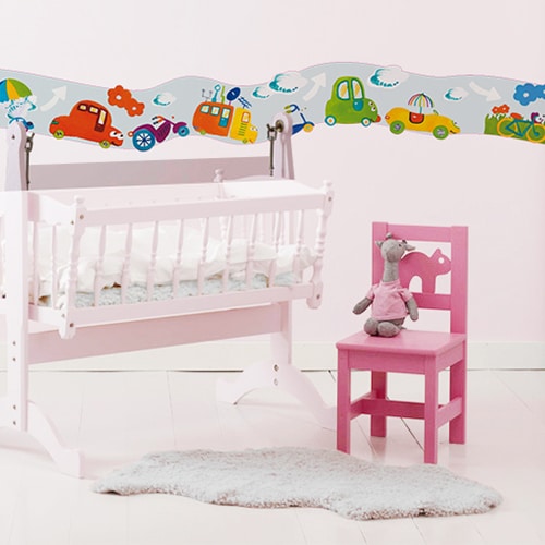 Sticker Frise Voitures & Co avec lit et chaise roses