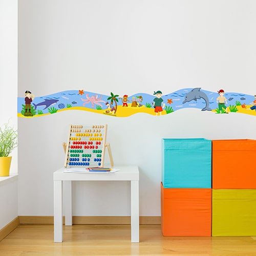 Sticker frise canards en pastique au bord de l'eau dans chambre d'enfant avec boulier et cubes colorés