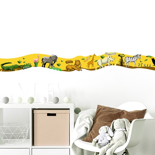 Frise Animaux de la Savane crocodile flamant rose lion girafe rhino zebre toucan pour chambre d'enfant