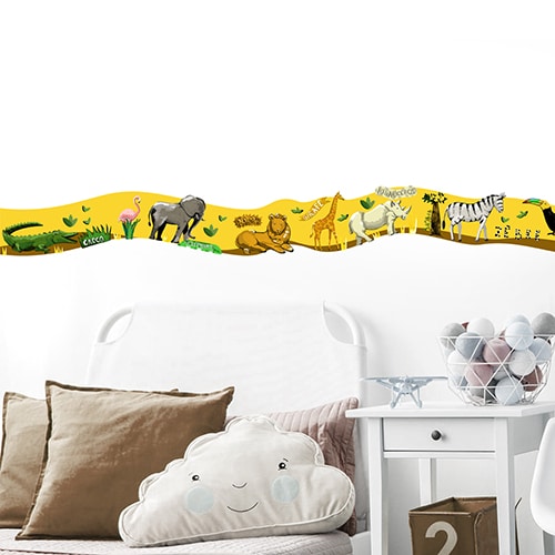 Frise Animaux de la Savane crocodile flamant rose lion girafe rhino zebre toucan pour chambre d'enfant