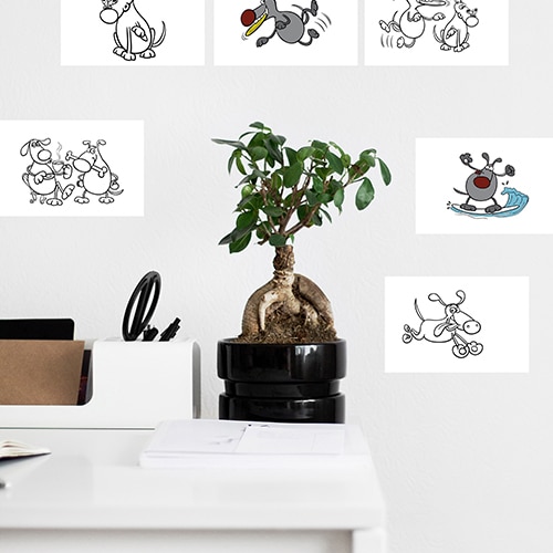 Stickers à colorier Chiens rigolos mis en ambiance, 1ère proposition Stickers adhésifs à colorier Chiens