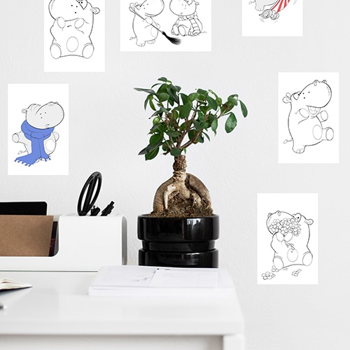 Stickers à colorier Hippopotame mis en ambiance Stickers adhésifs Hippopotames à colorier mis en ambiance dans une pièce à vivre