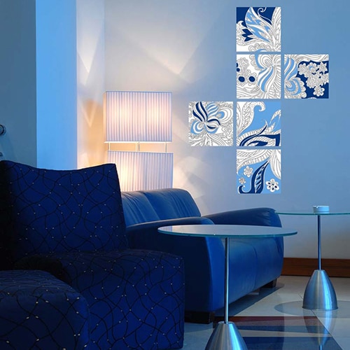 Stickers à colorier Fleurs Indiennes mis en ambiance, 4ème proposition Stickers muraux à colorier Fleurs Indiennes mis en ambiance dans un salon bleu