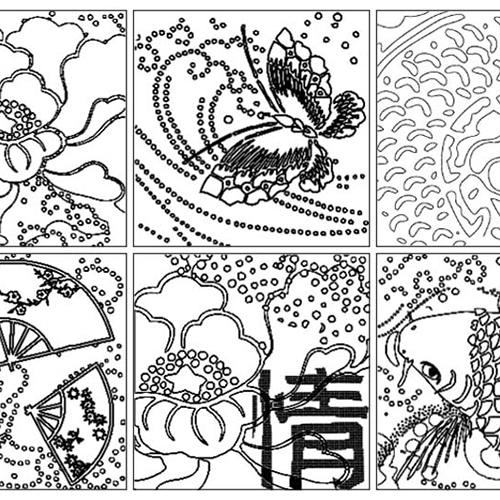 Stickers à colorier Asie Zen Stickers à colorier sur le thème de l'Asie incluant des éventails, une carpe ainsi qu'un papillon.