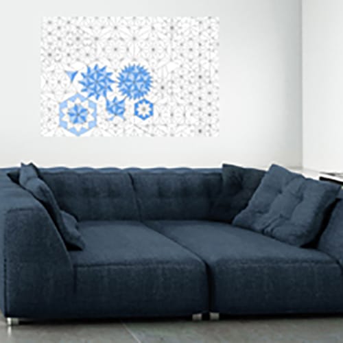 Sticker Origami bleu dans le salon Sticker adhésif murale Origami bleu mis en ambiance dans un salon