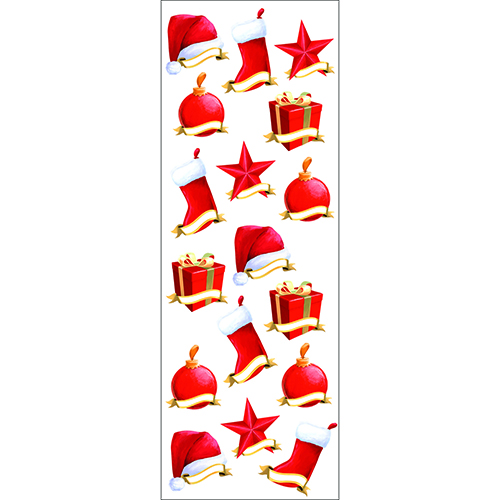 Sticker Étiquettes avec chapeau de noel, chaussette et papier cadeau rouge