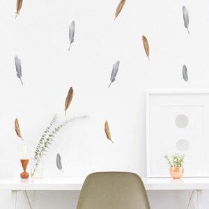 Déco de sticker Planche Plumes Or et Argent au-dessus d'un bureau