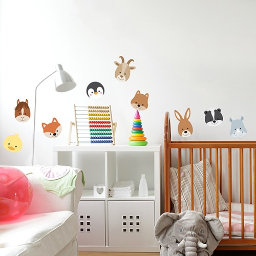 Sticker autocollant Planche Adorables Frimousses d'Animaux dans chambre bébé