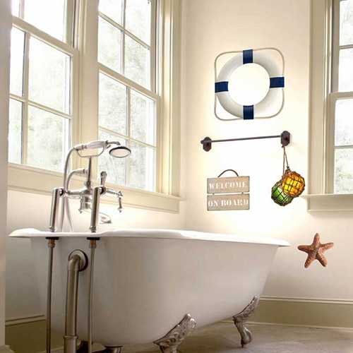 Autocollant décoration ciment gris bleu pour carrelage blanc de salle de bain