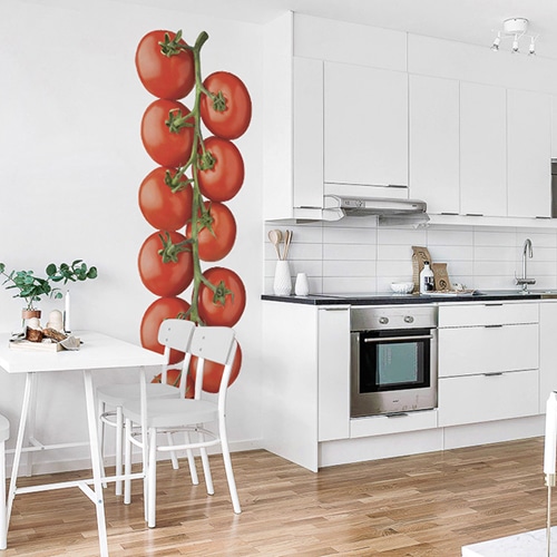 Cuisine moderne avec un sticker déco autocollant FRUITS EXOTIQUES collé sur les portes d'un placard