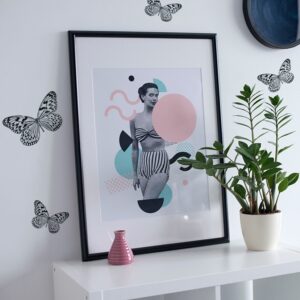 Stickers Papillons Noir et blanc avec plante décorative et cadre photo
