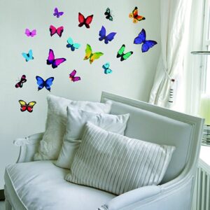 Stickers adhésif Papillons Fluos sur un mur blanc derrière un canapé blanc