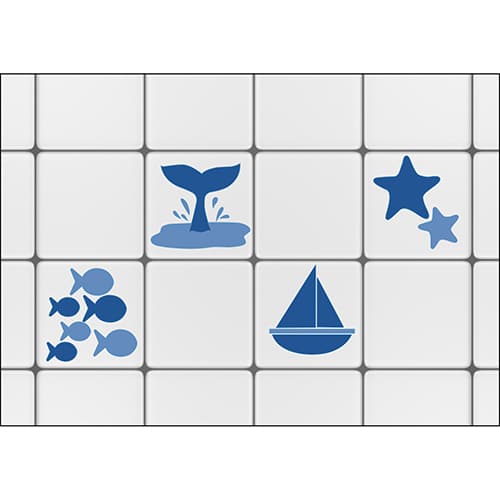 Stickers pour bateaux et poissons bleus ! mis en ambiance, 2ème proposition Stickers pour bateaux et poissons bleus à coller sur carrelage