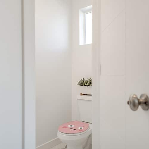 sticker style méditerranéen collé sur une vitre de douche dans une petite salle de bain avec WC