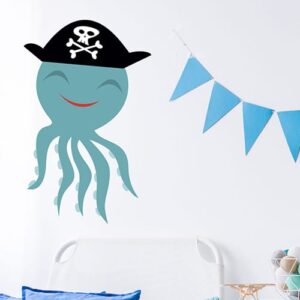 Sticker Pieuvre Pirate pour enfants mis en ambiance sur mur blanc