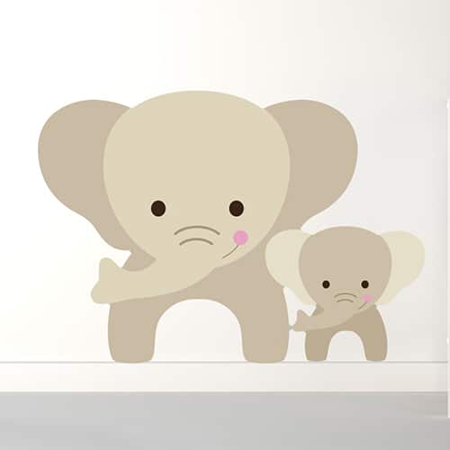 Sticker maman et bebe Éléphants pour enfants mis en ambiance sur mur clair