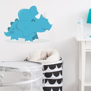 Sticker Dinosaure Bleu pour enfants avec ombre mis en ambiance sur mur blanc