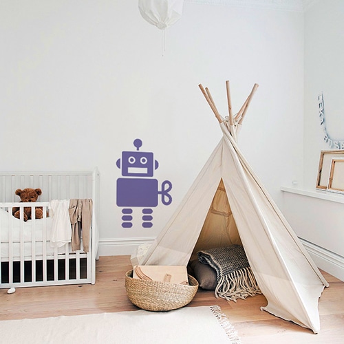 Sticker Robot Violet pour enfants mis en ambiance dans une chambre bébé