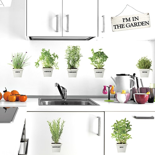 Sticker électrostatiques plantes aromatiques de déco sur fenetre d'un grand salon lumineux