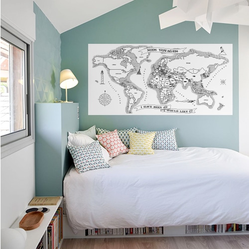 Sticker mural carte du monde à colorier Sticker mural géant carte du monde collé dans une chambre d'adulte