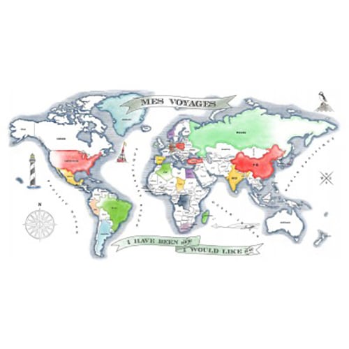 Sticker mural carte du monde à colorier Sticker autocollant carte du monde à colorier, pertiellement colorié