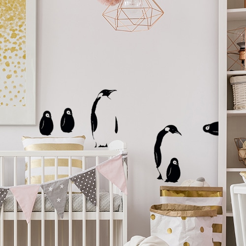 Sticker autocollant Antarctique dans une chambre d'enfant avec pingouins noir et blanc