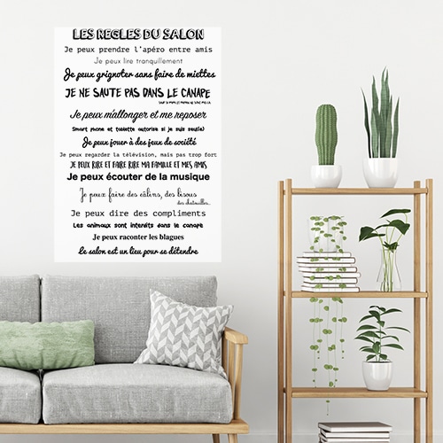 Sticker adhésif règles du salon au dessus d'un canapé déco pour salon