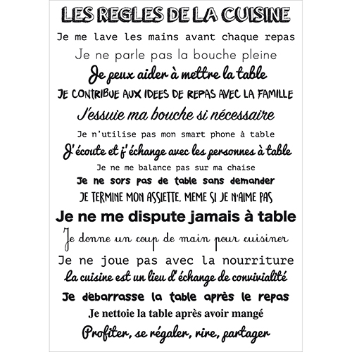Sticker citation murale multi-typographie Les Règles de la cuisine